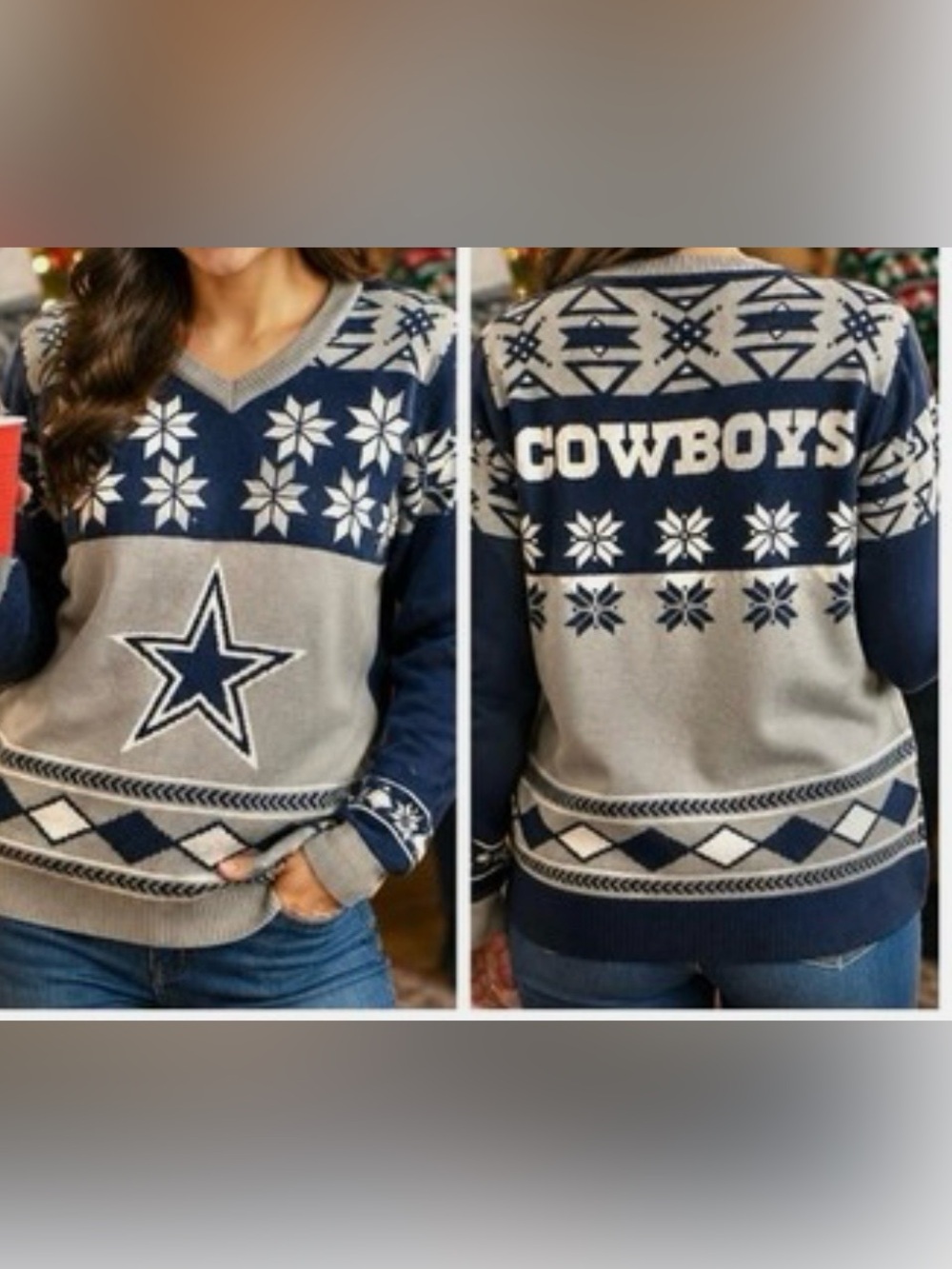 NFL Cowboys Navy and Gray V-Neck Christmas Sweater